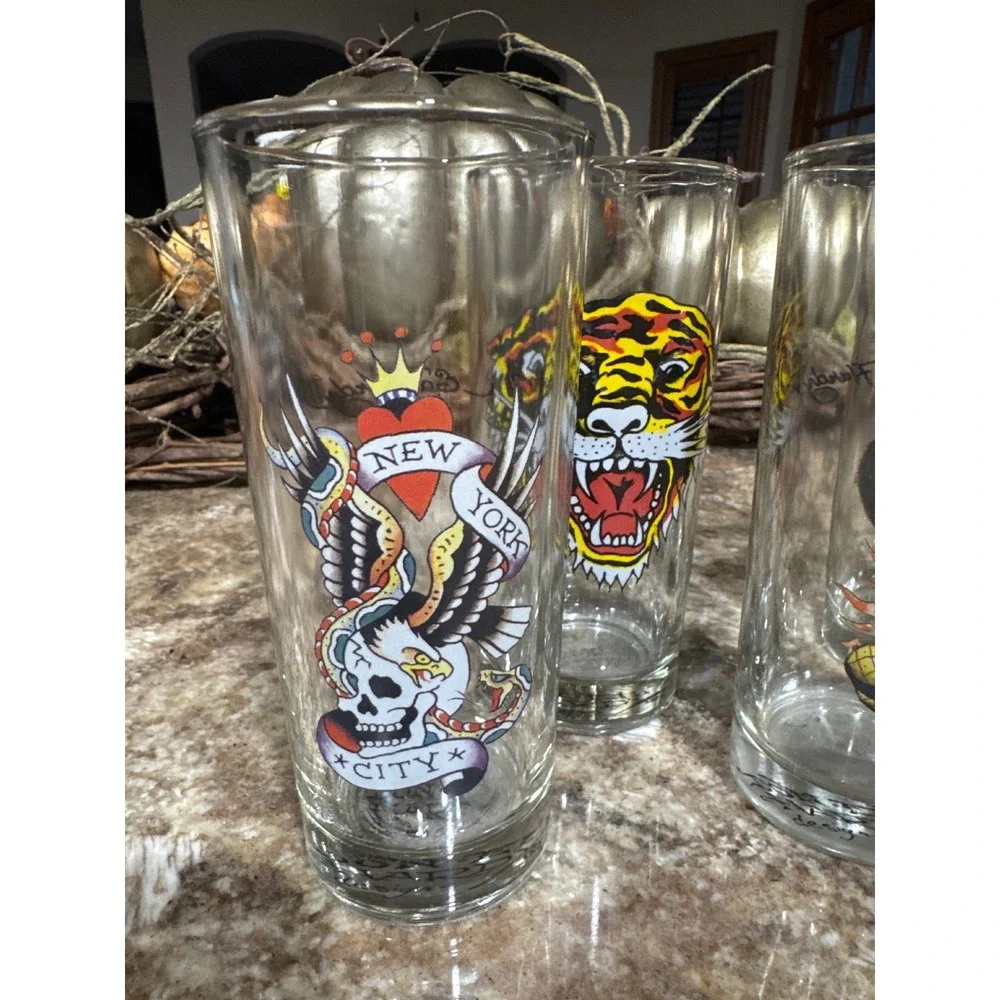 Ed Hardy Set of‎ 4 Tall Tumbler Glasses Tiger Snake Gorilla Eagle Tattoo Art vtg